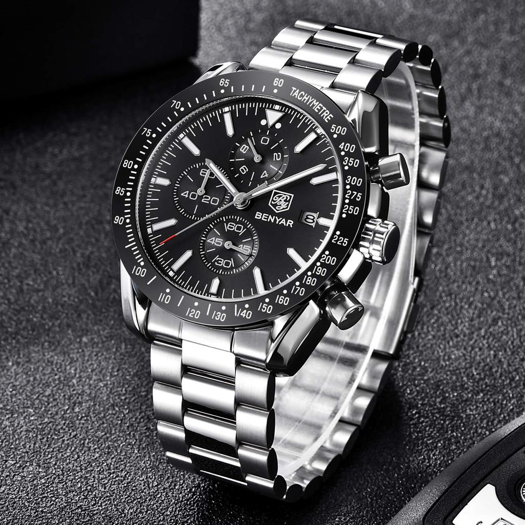 Часы RORIOS Светящиеся часы Кварцевые часы Спортивные часы Часы Аналоговый дисплей Функция календаря Хронограф Стальной браслет Деловой подарок Мужские мужские