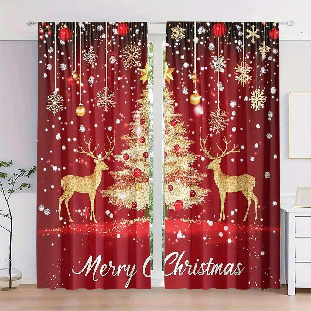 2-панельные шторы с изображением Санта-Клауса и рождественской елки — дизайн с карманами на штанге, теплоизоляция и блокировка света для украшения окон