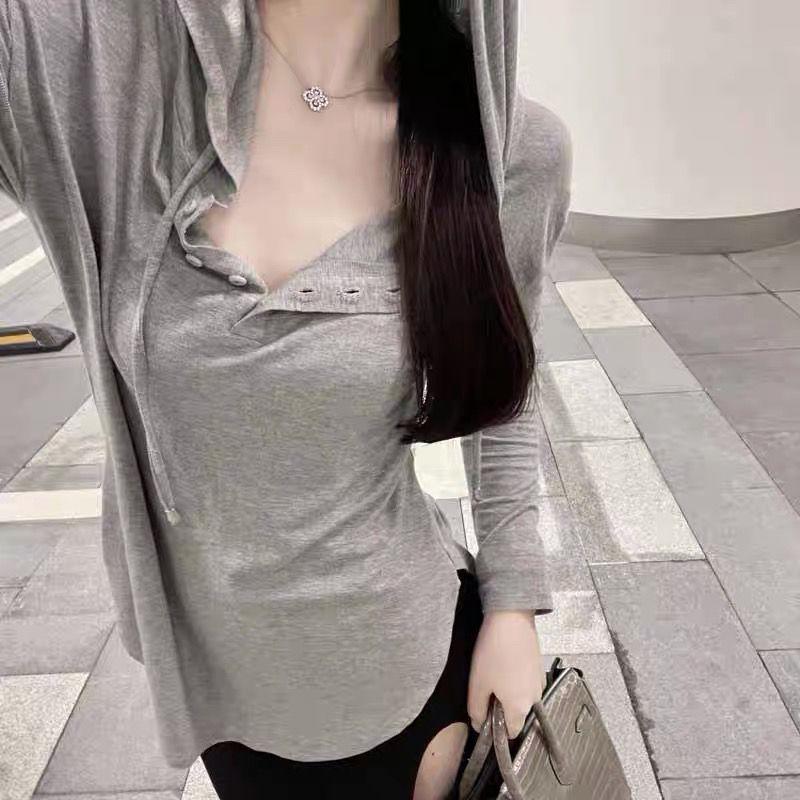 Ins Тонкая свободная футболка с длинными рукавами и капюшоном, дизайн интернет-знаменитостей, высокая талия, пуговицы на шнуровке