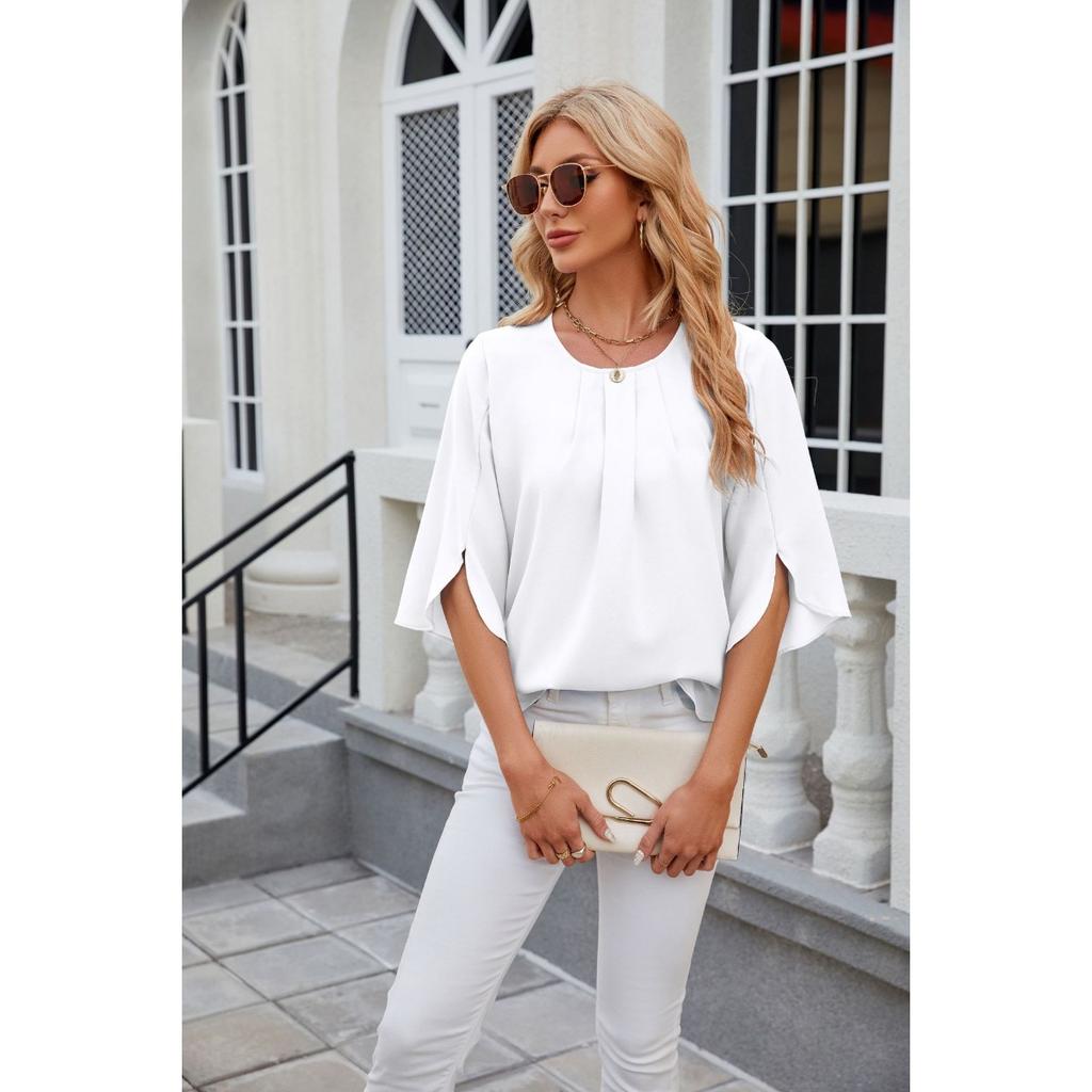 Solid Colour Round Neck Five-quarter Sleeve Short Sleeve,loose Chiffon Shirt Tops for Women