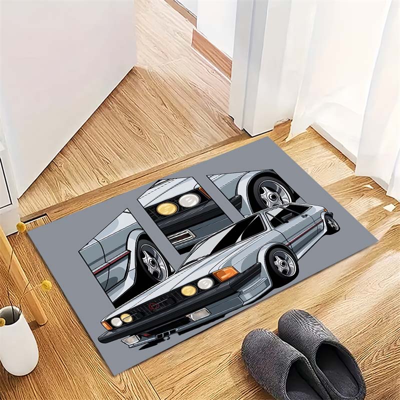 Grey Classic Vintage Car Comic Multi‑Panel Print Area Rug Non‑Slip Rectangular Floor Mat Car Fan Decor for Gaming Room Living Bedroom