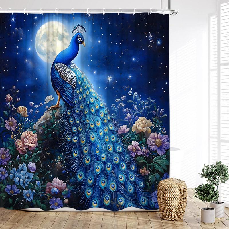 Blue Peacocks Shower Curtains Forest Trees Plants Flowers Waterfall Scenery Polyester Fabric Bathroom Curtain Decor With Hooks