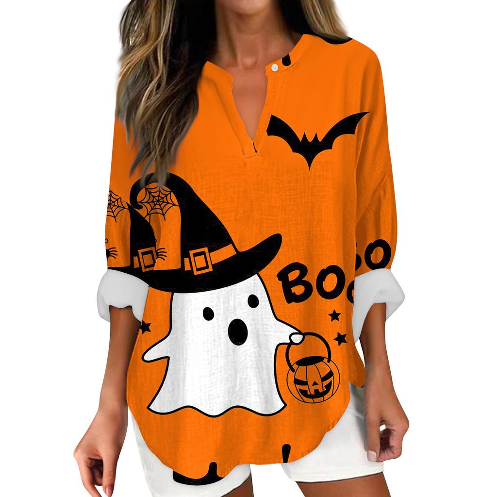 Женские модные повседневные женские топы с v-образным вырезом и длинным рукавом с принтом на Хэллоуин
