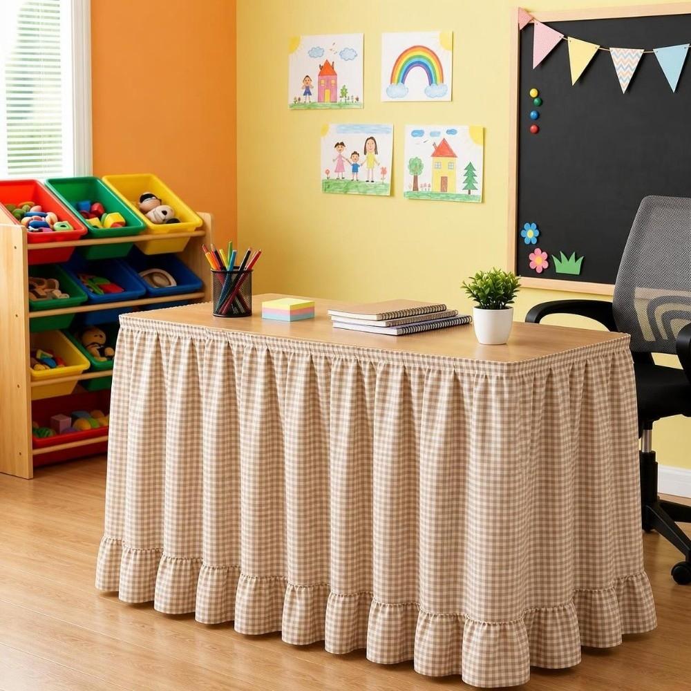 Hook and Loop Teacher Desk Skirt Ruffled Edge Table Wrap Rural Gingham Table Skirt Classroom