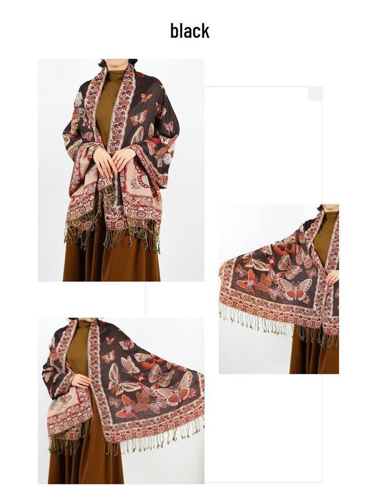 2024 Ретро Этнический Длинный Шарф-Шаль с Кисточками для Женщин - Мода Осень/Зима, Теплая Накидка на Шею