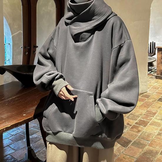 Fall Winter Men Hoodie Oversize Hooded Long Sleeves Pure Color Hip Hop High Collar Big Patch Pocket Elastic Cuff Mid Length Warm Top
