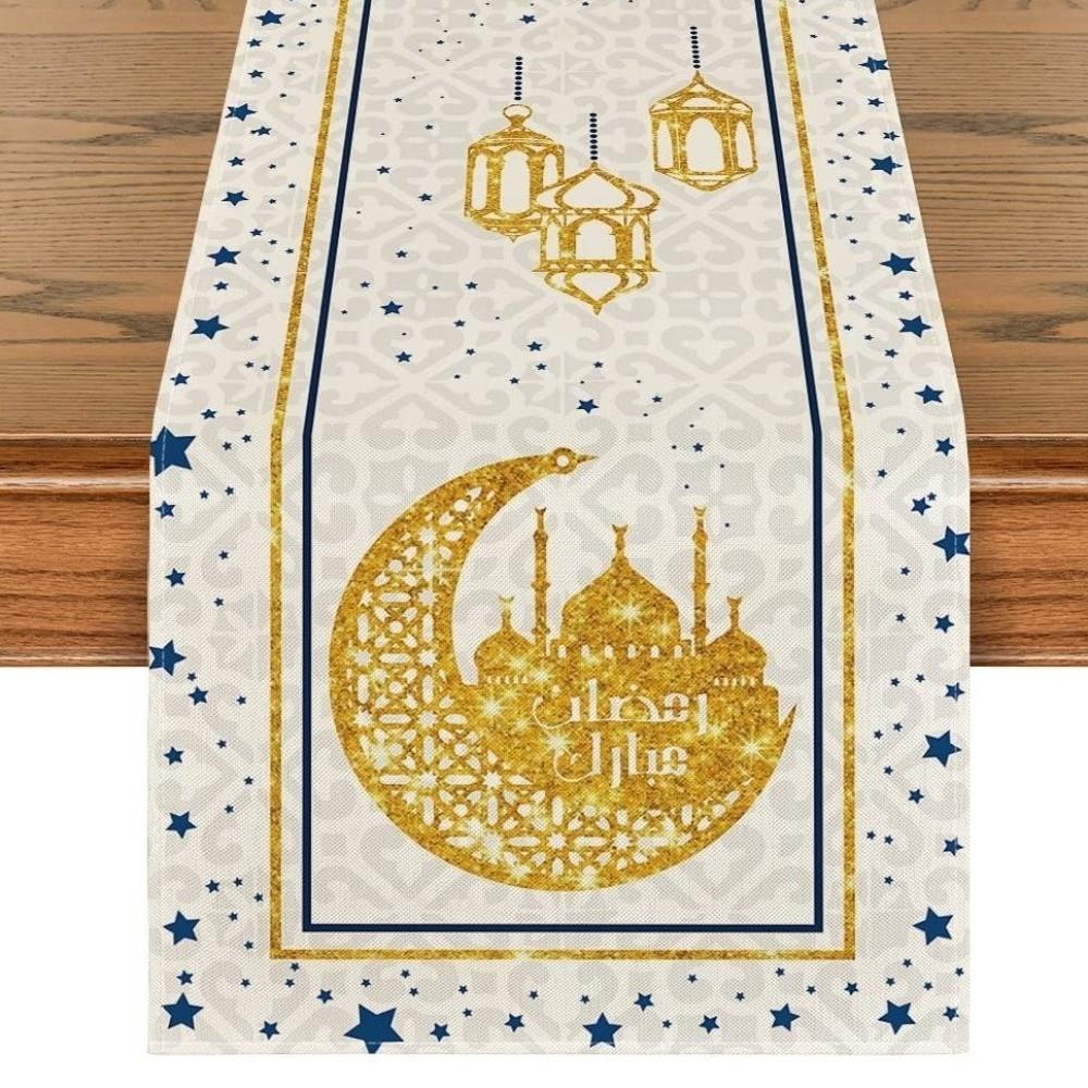 Thickened Ramadan Table Runner Vintage Decorative Star Moon Tablecloth Castle Lantern Pattern Islamic Table Runner