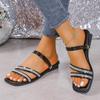 Fashion Women Summer Rhinestone Flat Sandals 2024 New Fashion Gold Square Toe Casual Slippers Woman Outdoor Non Slip Beach Slides Shoes