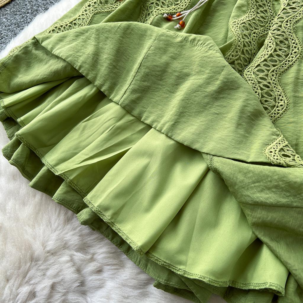 Весна-лето Женские V-образные вырезы с рукавами-фонариками Вышитые кружевные лоскутные шикарные платья с поясом