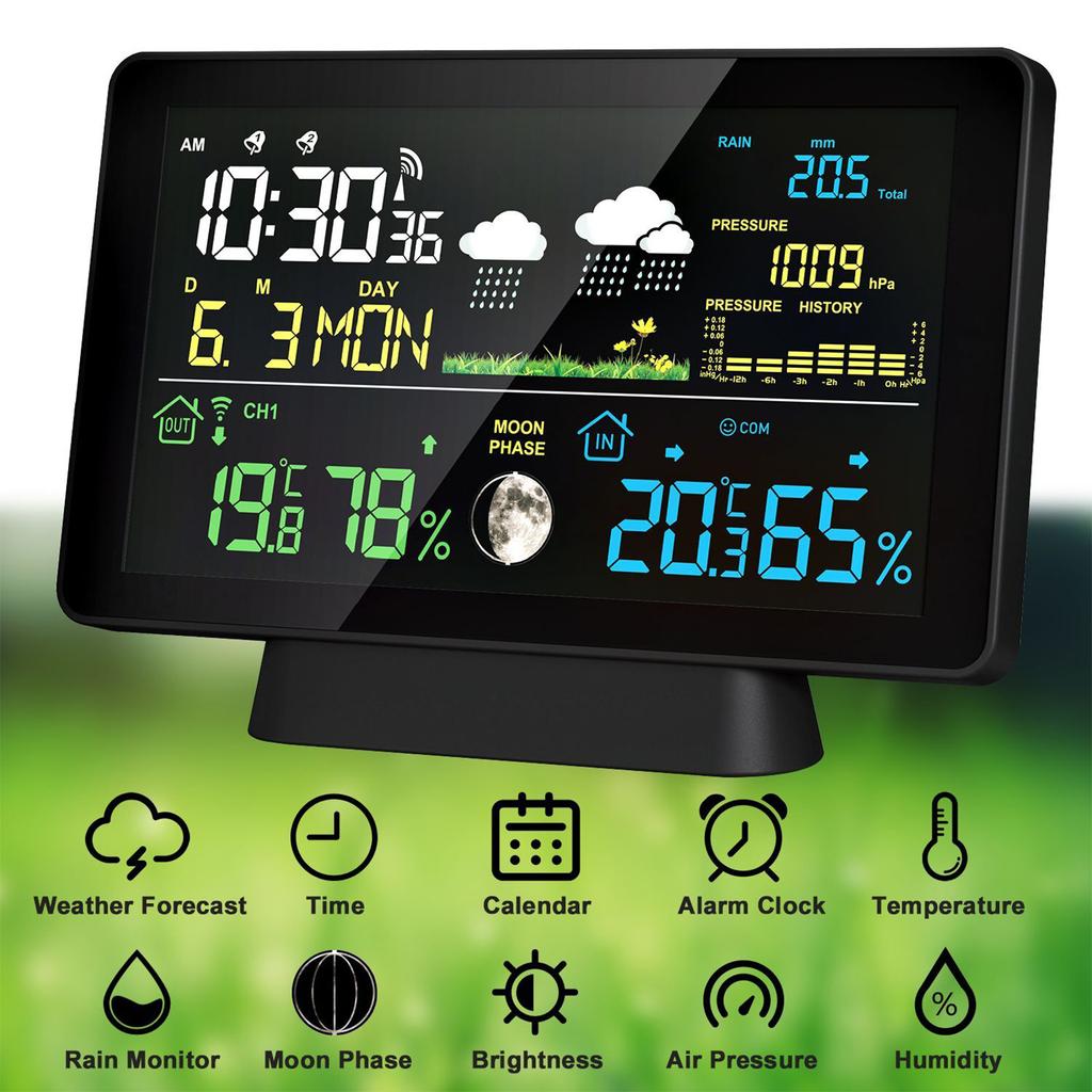 Wireless Weather Station 8-in-1 Indoor/Outdoor Thermometer Temperature Humidity Time Date Radio