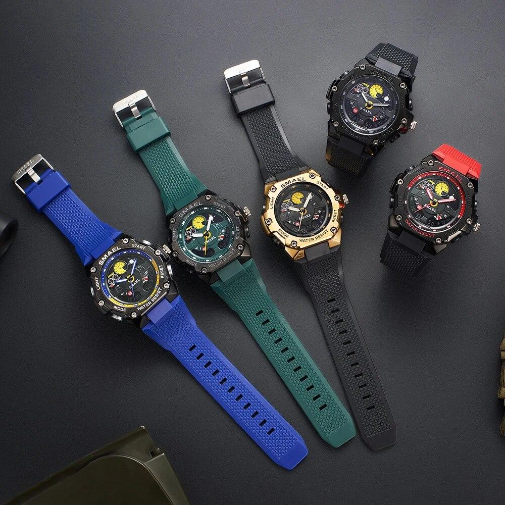SMAEL Электронные цифровые часы с двойным дисплеем, спортивные часы, водонепроницаемые часы 50 м, будильник 8092, молодежные модные кварцевые наручные часы