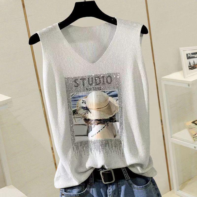 2023 Блестящий шелковый женский жилет без рукавов с V-образным вырезом - Новый стиль весна/лето, свободный крой с вязаным дизайном на бретелях с горячими бриллиантами