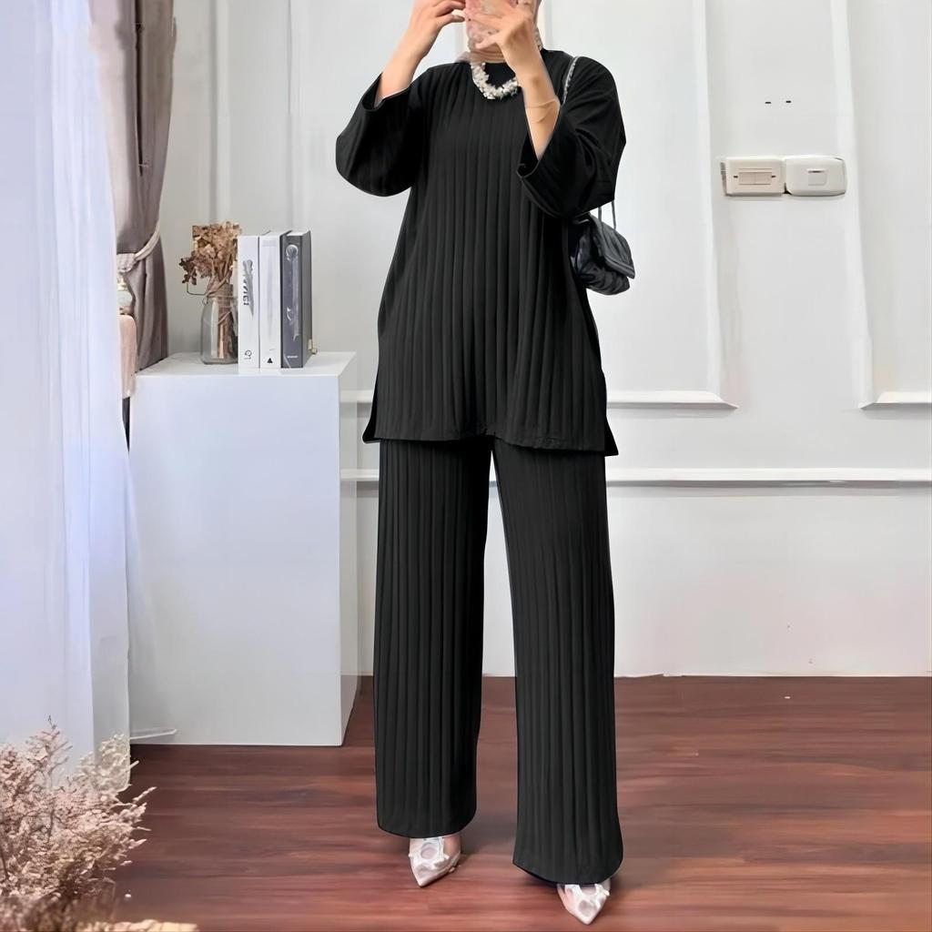 2023 Autumn/Winter Women's Long-Sleeve Top & Wide-Leg Pants Solid Color 2-Piece Casual Sportswear Set