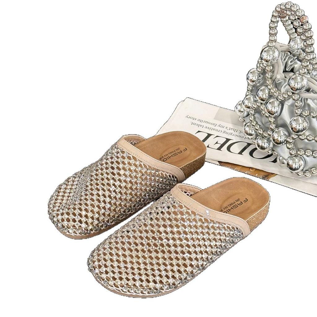 2025 лето стразы полные бриллианты рыболовная сетка баотоу большая голова баотоу полушлепанцы сандалии toboken обувь на плоской подошве женская обувь