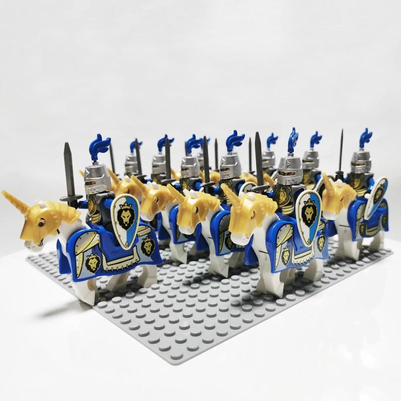 Medieval Knights Castle Cavalry Rohan Soldiers Guard Army Lotr Cavalier With Weapon Armor Helmet Shield and Horse Figure Blocks