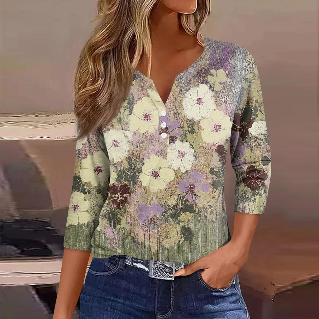 Женская модная повседневная футболка с цветочным принтом, V-образным вырезом, коротким рукавом, декоративными пуговицами и рукавом три четверти