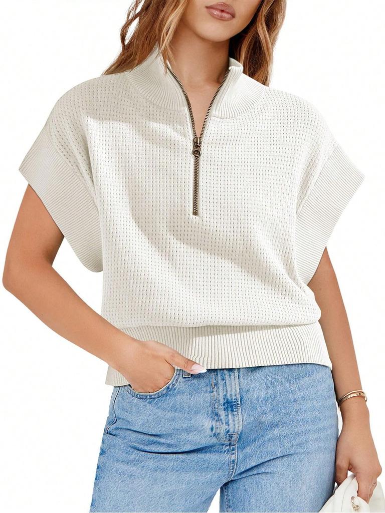 Women's Half Zip Cropped Knit Top Cap Sleeve Lightweight Oversized Sweater Vest