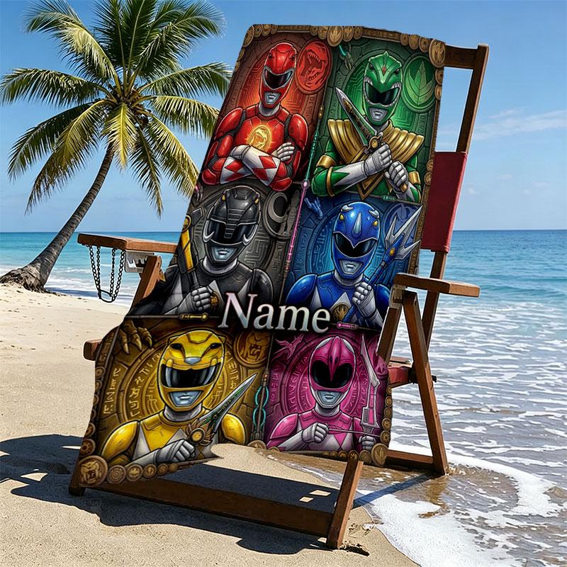 Custom Name Personalized Power Rangers Print Beach Towel, for Trip Camping Beach Party Home Decor, Birthday Gift for Family & Friends