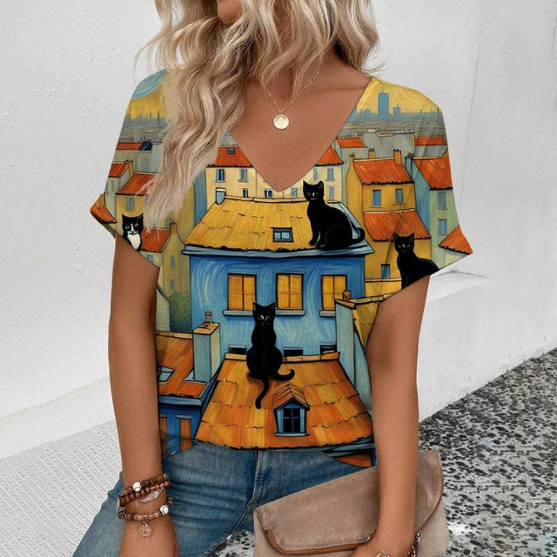 2025 Большой размер короткий рукав популярная женская футболка с V-образным вырезом красивый дизайн с принтом кота футболки Sense Of New Summer