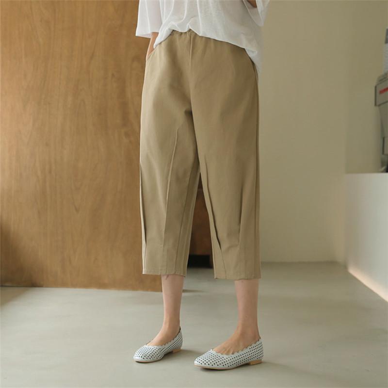 Эластичная талия, свободные брюки гаремы, стройнящие - Большой размер, повседневные укороченные хлопково-льняные брюки для женщин, 2023 весна/лето, универсальный художественный дизайн
