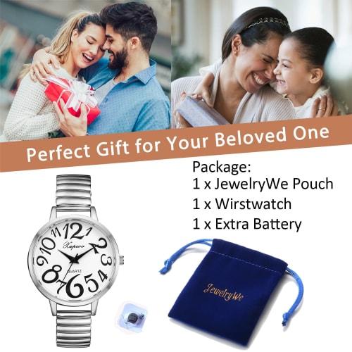 Women's Analog Watch with Large Numerals, Elastic Strap, One Size Fits Most, Simple and Stylish Quartz Watch, Silver, Fashion Accessory, Perfect Gift