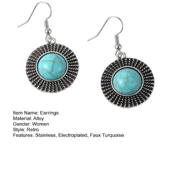 1 Pair Women Hook Round Style Shape Retro Bohemian Earrings Faux Turquoise Stainless