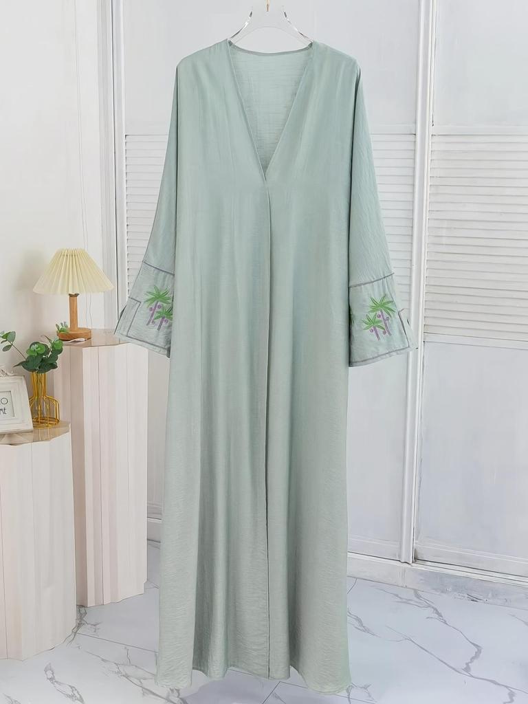 Elegant Light Green Floral Embroidered Abaya - Long Sleeve Maxi Dress In Polyester Fabric
