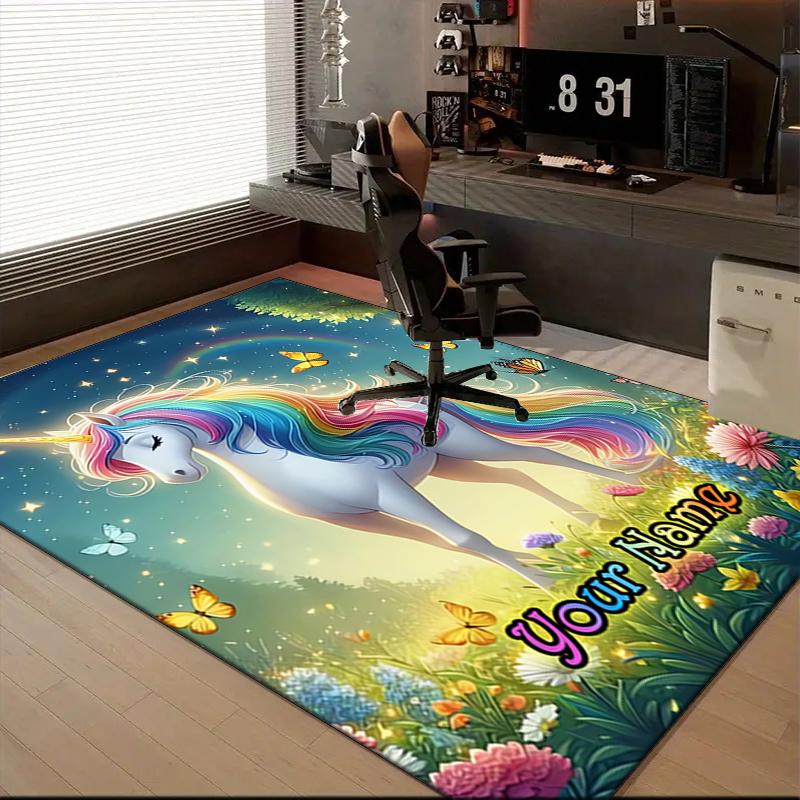 1PC Custom Name Rainbow Unicorn Garden Theme Floor Mat Ideal for Living Room, Game Rooms, Office, Bedroom Floor Mat Playful Design