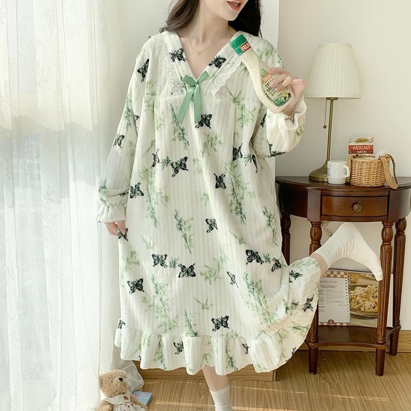 Осенне-зимние ночные рубашки и пижамы с принтом бабочек и кружевом, для молодых девушек, теплая фланелевая ночная рубашка с длинным рукавом, женская одежда для сна, повседневная свободная домашняя одежда