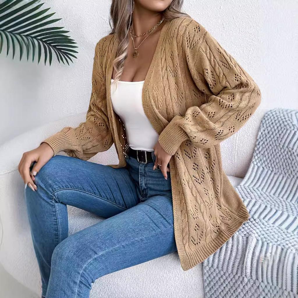 GMXIA Autumn and Winter Casual Solid Color Openwork Long-sleeved Cardigan Sweater Jacket Women's Wear