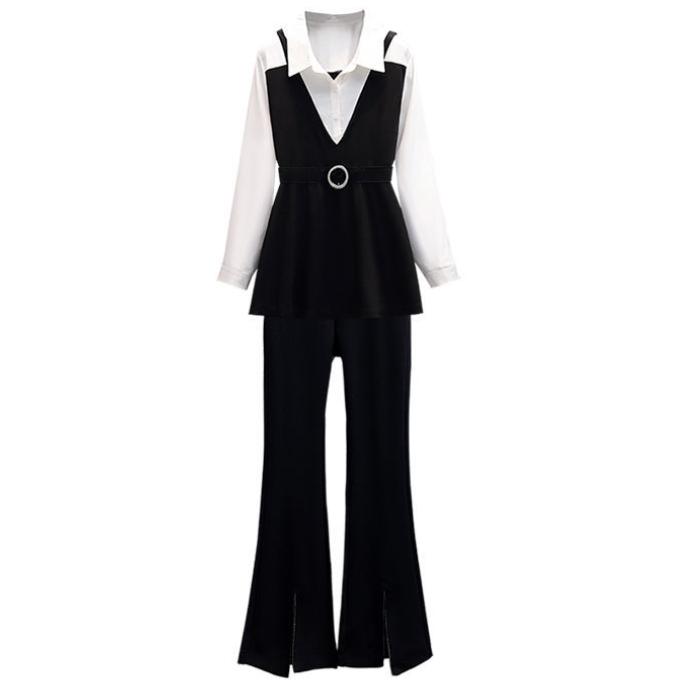 Плюс размер Весна Темперамент Профессиональный Костюм Модная Рубашка С Лацканами Микро-Отложной Воротник Брюки Костюм Из Двух Частей Женщин