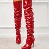 Fashion Red Women Over The Knee Boots High Heels Patent Leather Solid Pointed Toe Stiletto Side Zipper Sapatos Femininos
