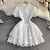 Summer High Quality Women White Mesh Embroidery Flower Party Dress Sweet Girls Puff Sleeve Ruffles Princess Cake Dresses