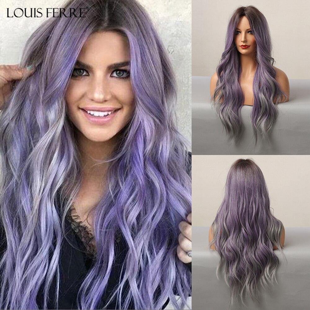 LOUIS FERRE Длинные волны Ombre, черные, синие парики с челкой для чернокожих женщин, натуральный синтетический парик для вечеринок, повседневный термостойкий парик