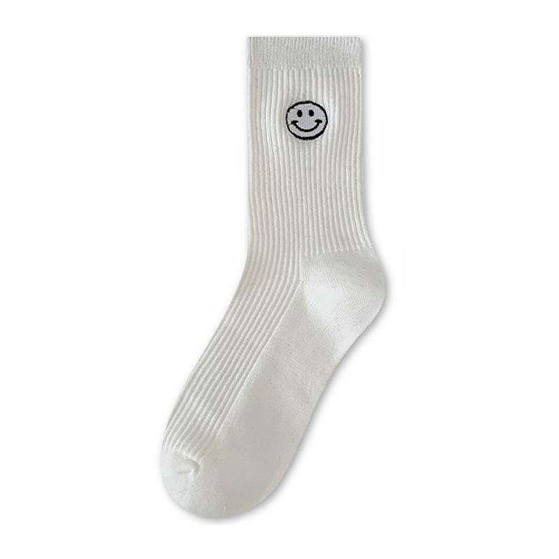 Белые носки женские средней длины, модные универсальные хлопковые носки, дышащие, спортивные, с изображением смайлика, мужские