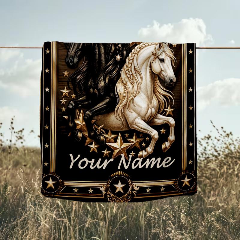 1PC Custom Name Equestrian Star Fantasy flannel blanket versatile,all-season throw suitable for the living room,bedroom,camping,travel,and gift