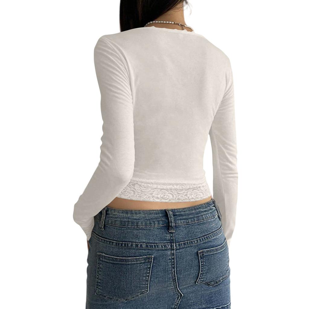 Women's Cotton Long Sleeve Lace Patchwork Navel-Exposed Square Neck T-Shirt