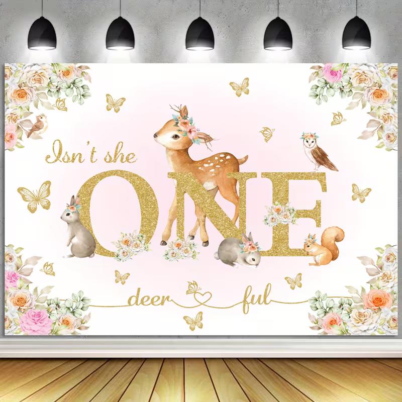 2D Floral Woodland One-derful Backdrop, 2D Deer 1st Birthday Party Decor
