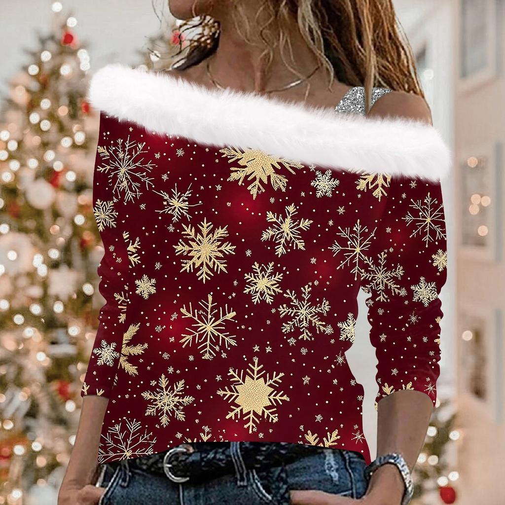 Женские топы с длинным рукавом, модные женские свободные пуловеры с рождественским принтом и открытыми плечами