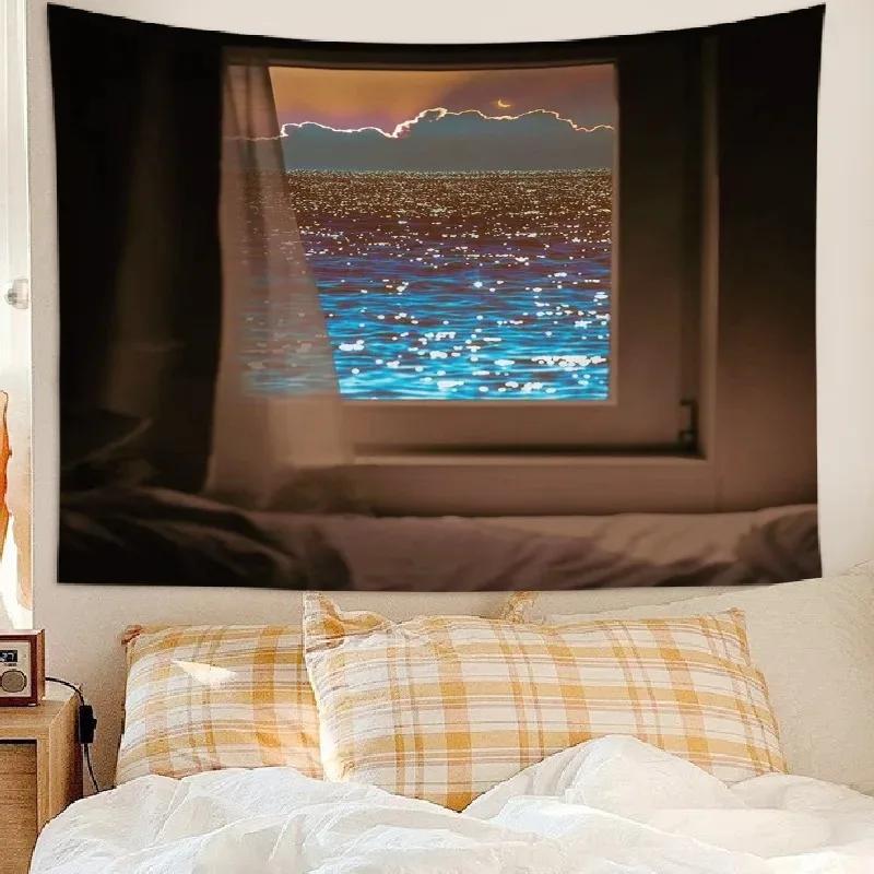 Фон из окна с видом на море, тканевый гобелен для спальни, гостиной, гобелен для украшения дома, стены, гобелен