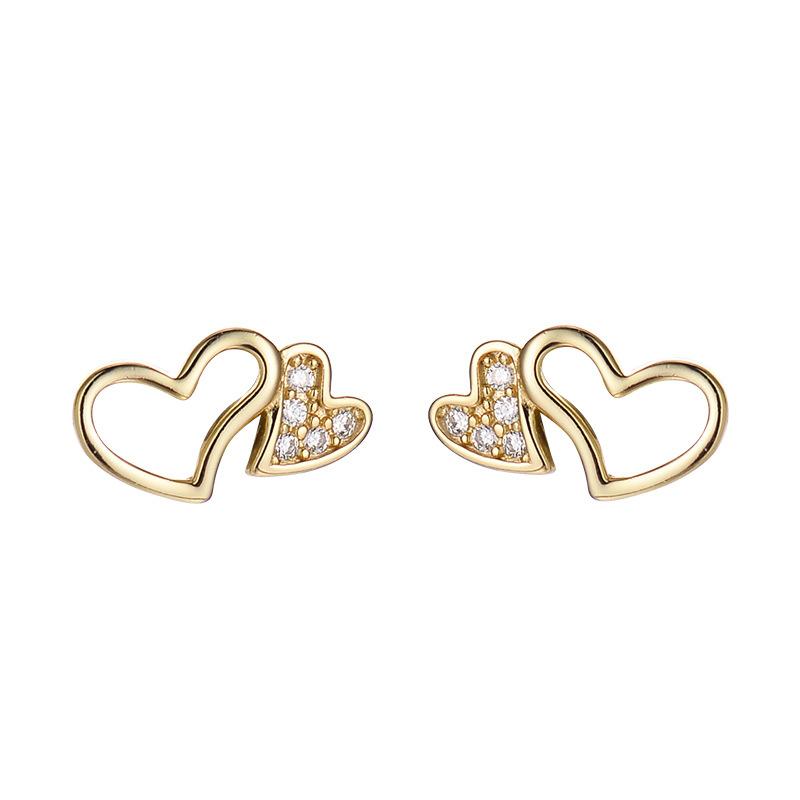 Серьги в форме полого сердца с бриллиантами Двойные серьги в форме сердца Маленькие милые серьги Новый стиль Легкая роскошь