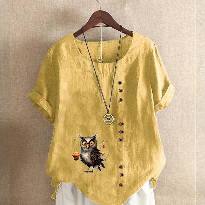 Women's Fashion Owl Prined Short Sleeve T-shirt Loose Cotton Shirt Casual Loose Summer Blouse Tops Plus Size