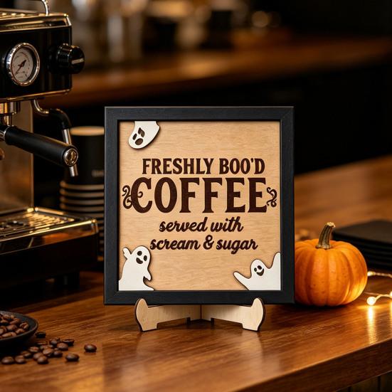Holiday Atmosphere Home Decor Halloween Wooden Coffee Photo Frame, Retro Distressed Sign for Decorative Holder Countertop Decor, Rustic Autumn