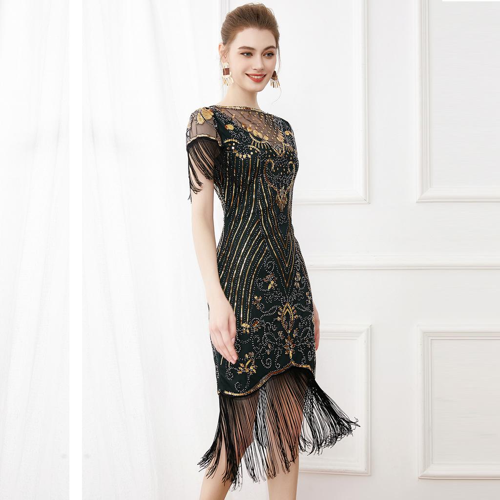 1920S Retro Ball Embroidered Fringed Dress Cocktail Party Large Size Sequined Beaded Mesh Dress