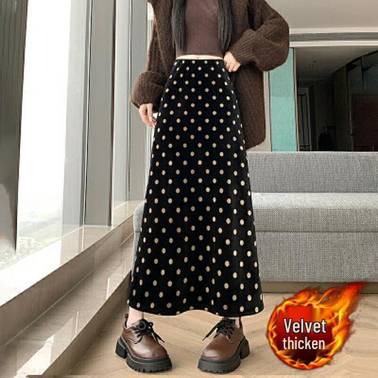 Sweet Age-Defying Polka Dot Velvet Midi Skirt - Autumn/Winter 2025, Versatile A-line Design