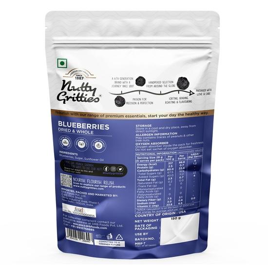 Сушеные черника Nutty Gritties 150 г | Натурально сладкая и терпкая | Черничный снек, богатый антиоксидантами | Многоразовый пакет