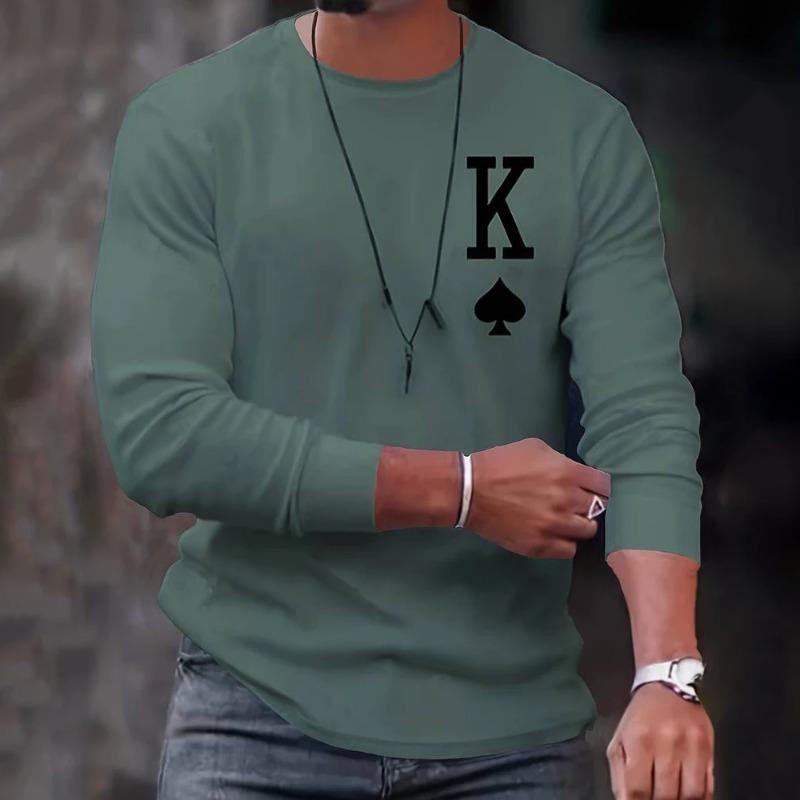 2025 Новое поступление Модные мужские футболки с длинным рукавом с принтом покера Свободные топы с круглым вырезом Оверсайз Повседневная футболка для мужчин