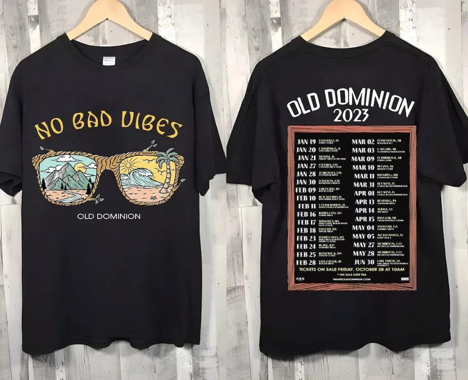 Old Dominion Band No Bad Vibes Tour 2023 Concert T-Shirt Mens Womens Tees Top, size S-4XL