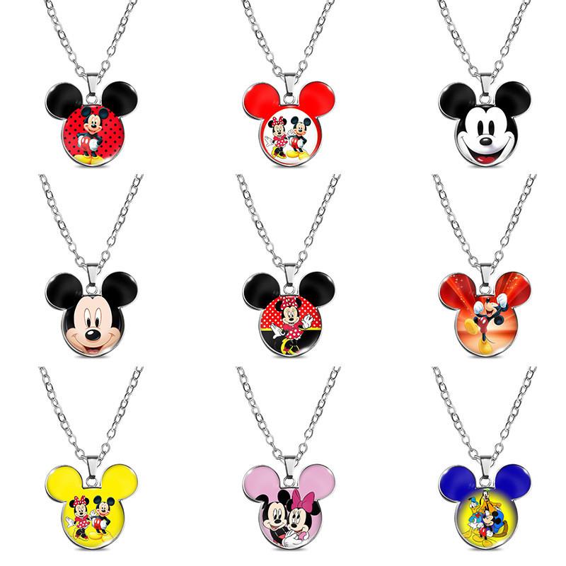 Vintage Mickey Minnie Cartoon Style Necklace With Retro Gemstone Pendant For Unique Fashion