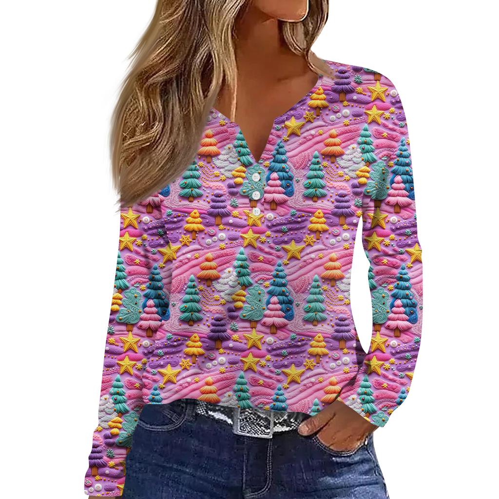 Women's Fashion Casual V-Neck Button-Up Long-Sleeve T-Shirt With Christmas Print Top